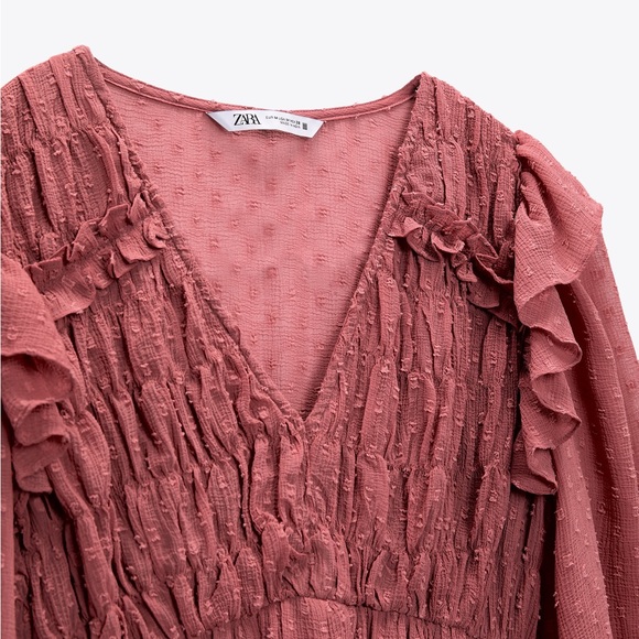 Brick Red Swiss Dot Ruffled ZARA Dress Size M - Picture 9 of 11